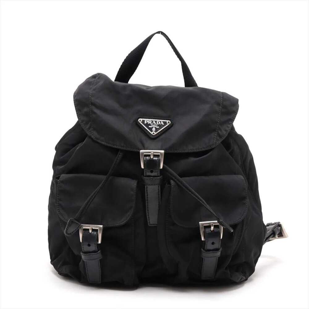 Prada Tessuto Nylon Triangle Logo Leather Backpack Shoulder Bag for Women